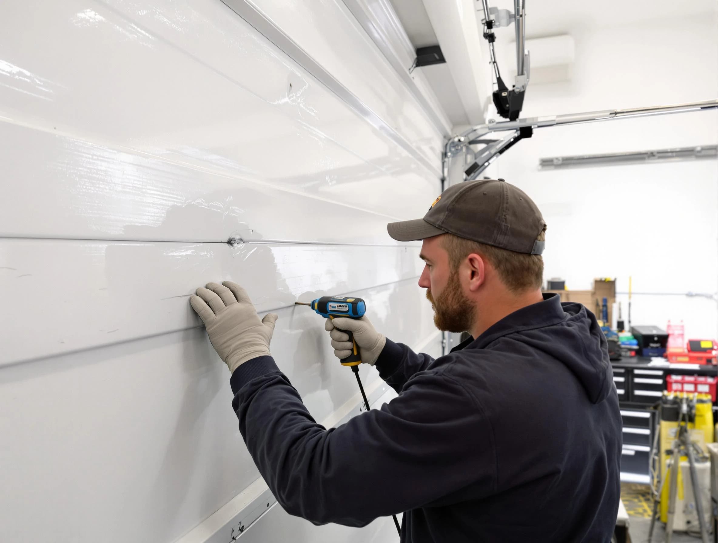 Naples Garage Door Repair technician demonstrating precision dent removal techniques on a Naples garage door