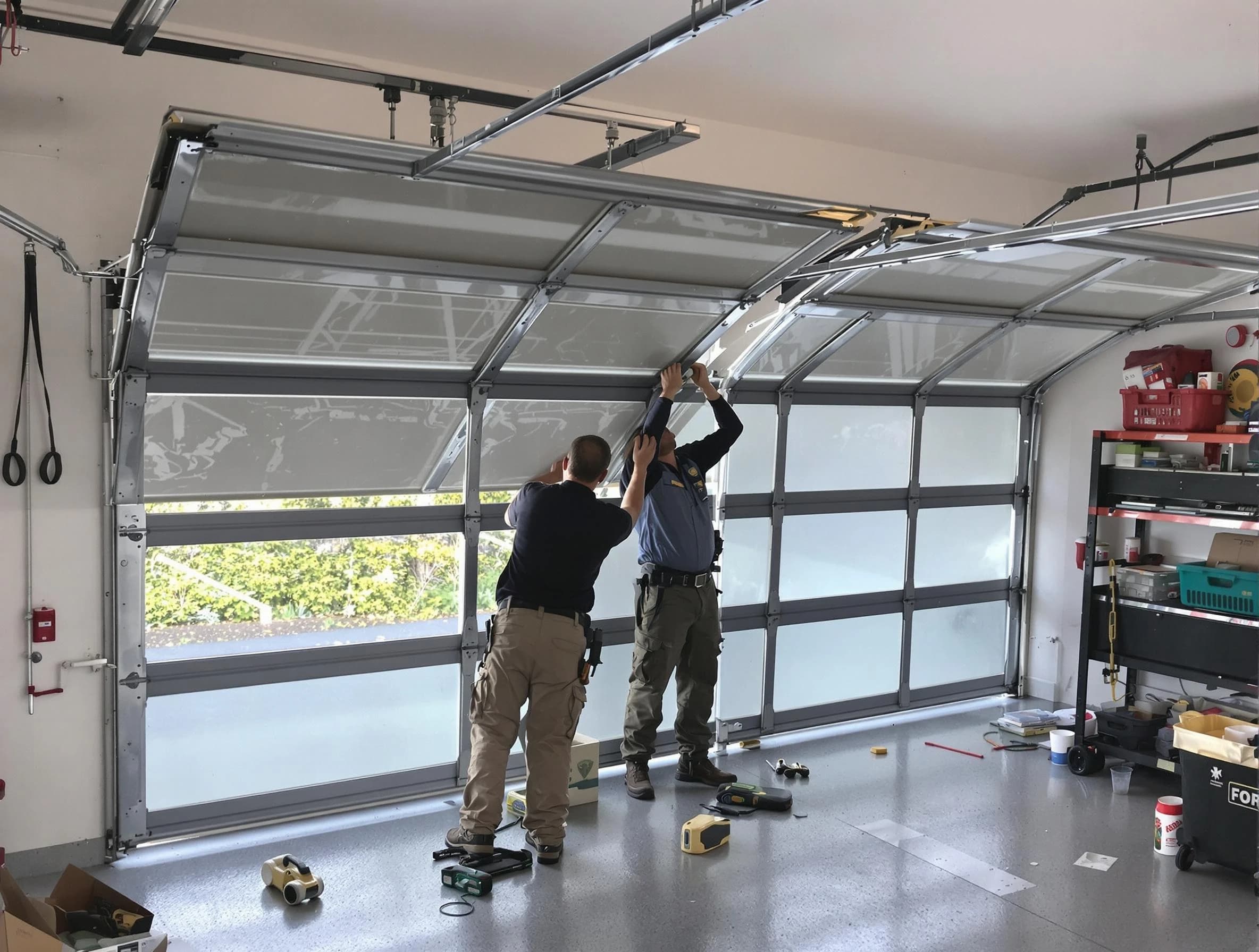 Naples Garage Door Repair expert performing precise panel replacement on Naples garage door