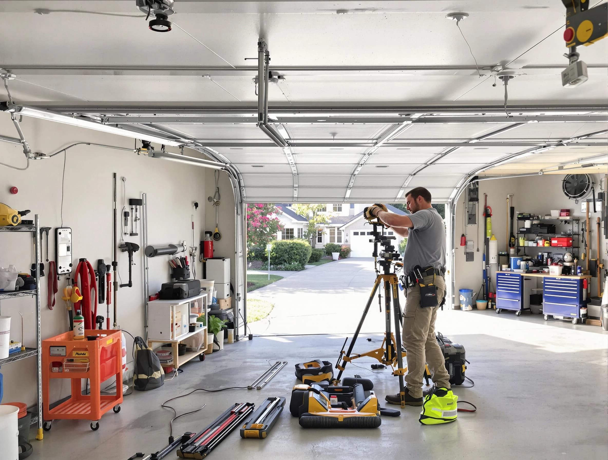 Naples Garage Door Repair specialist performing laser-guided track alignment in Naples